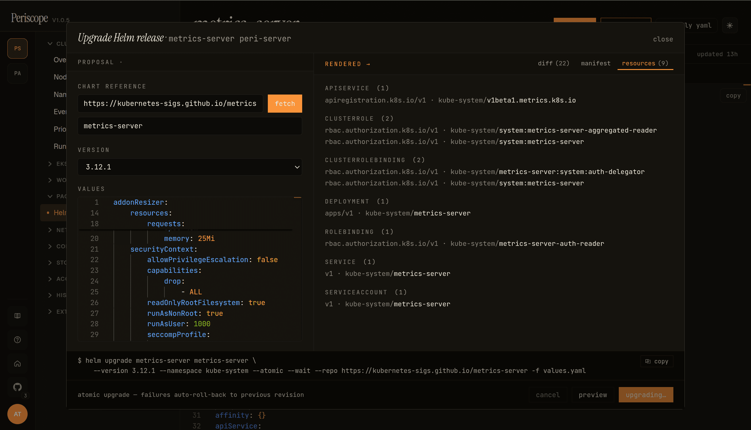 Upgrade dialog mid-flight — upgrading… button state, resources tab still scoped to the upgrade plan