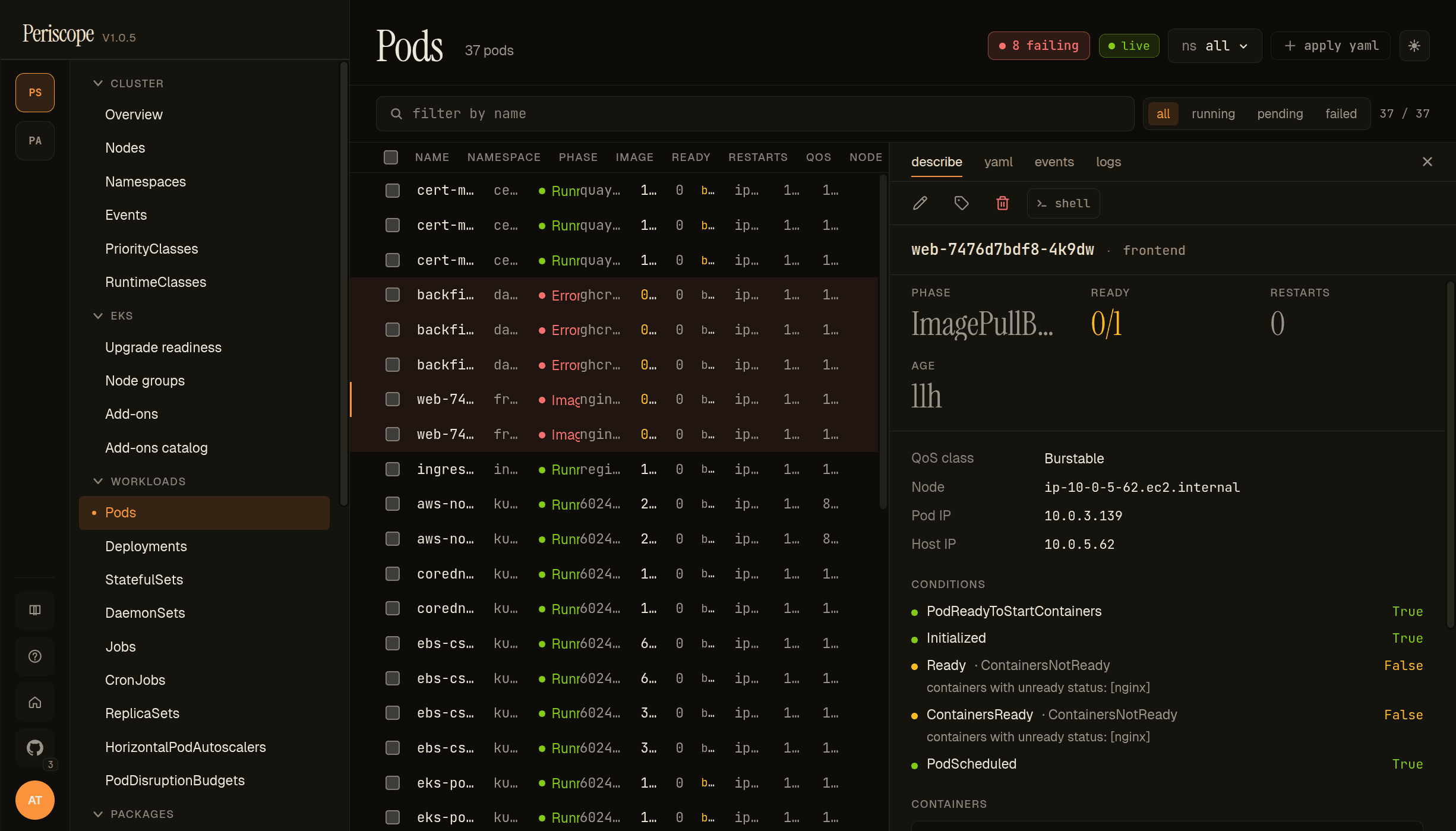 Web pod — describe tab with ImagePullBackOff event