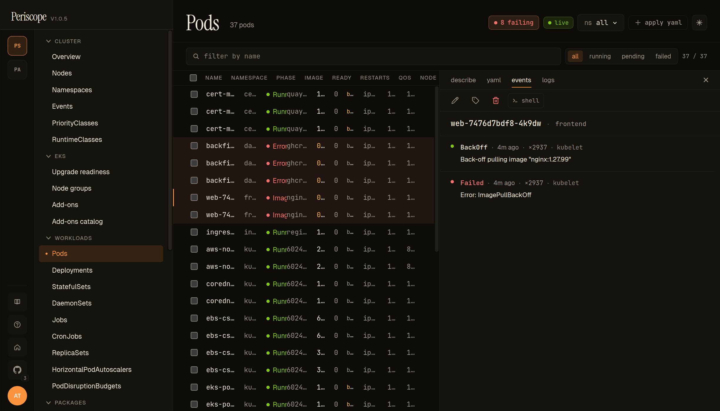 Pods page with events tab open on the failing web pod