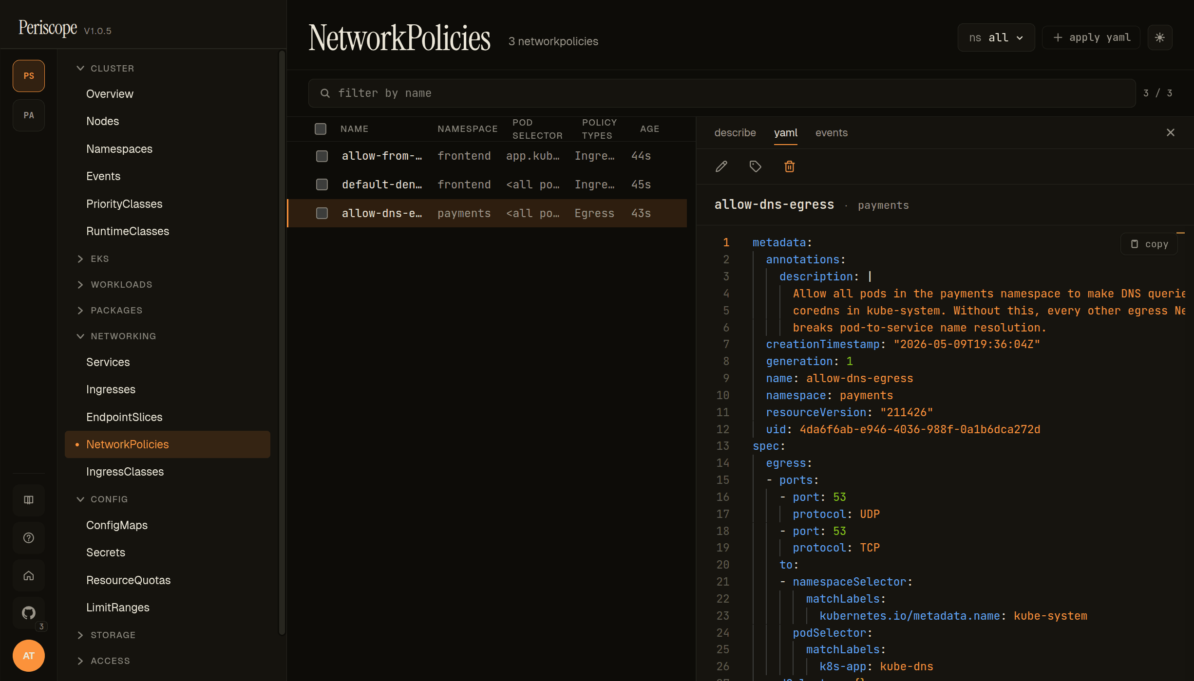 allow-dns-egress detail pane — yaml tab with full manifest