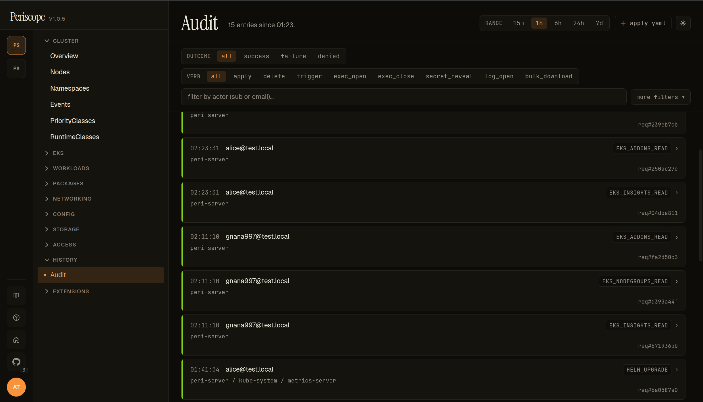 Periscope audit page showing per-action rows attributed to real OIDC subjects — the visible payoff of per-user impersonation: every row names a human, not a shared service account
