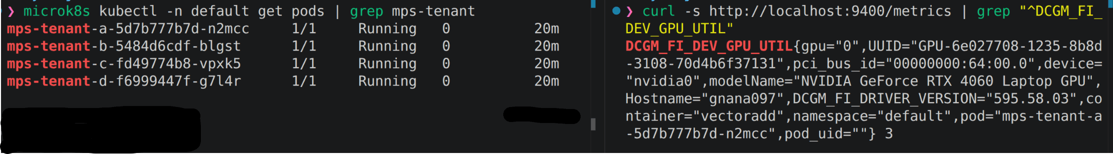 Side by side: kubectl shows four pods (mps-tenant-a/b/c/d) all Running, while a single DCGM_FI_DEV_GPU_UTIL scrape credits exactly one of them and carries pod_uid empty. Four tenants sharing one GPU through MPS, one number, one name.