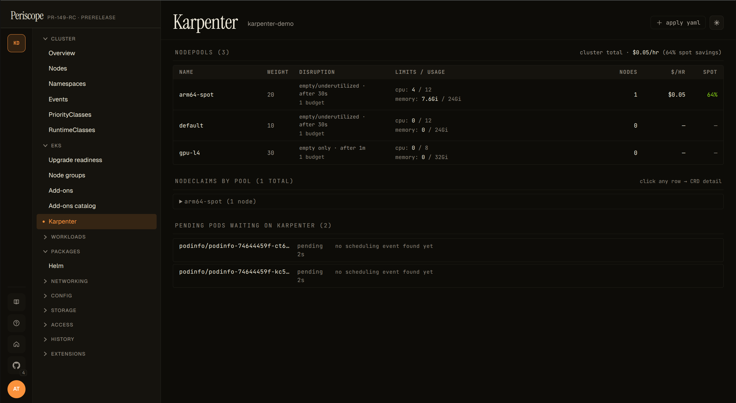 Karpenter dashboard — three panels: NodePools with $/hr + spot savings, NodeClaims grouped by pool, pending pods